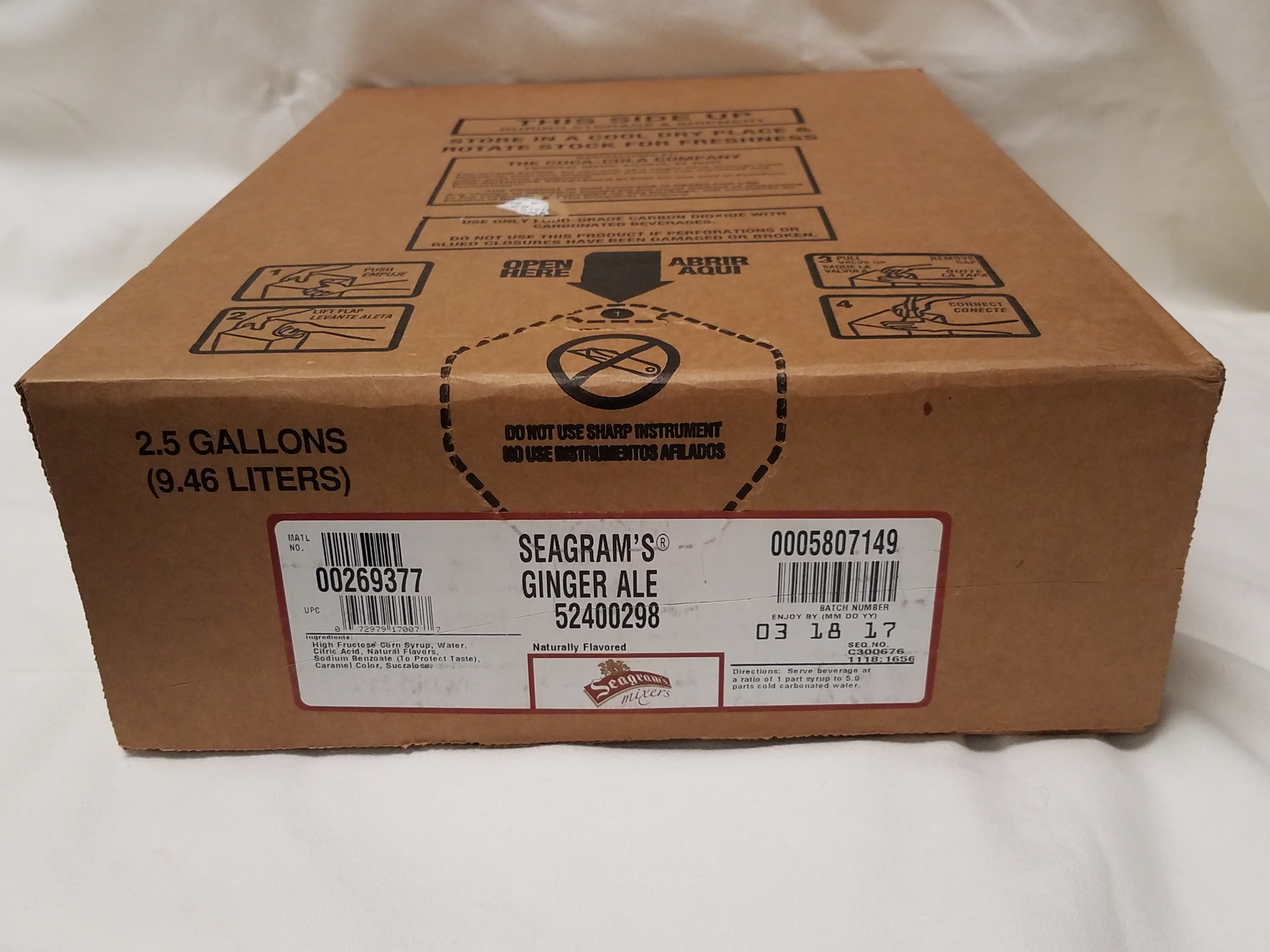 BIB GINGER ALE 2.5 GAL SEAGRAM&#39;S